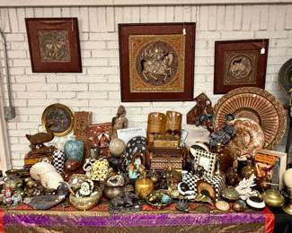 INDIAN TRINKET BOXES, BRASS, COPPER, BURMESE KALANGA WALL TAPESTRY HANGINGS.