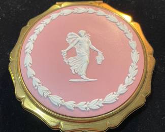 Wedgewood Pink Jasperware Compact by Stratton. Collectible featuring bas-relief design known as "Dancing Hours" or "Muses" England