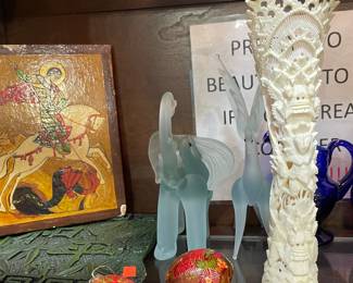 Religious Icons, Ukranian Hand Painted Eggs Christmas Ornaments, Carved Bone