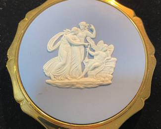 Wedgewood Blue Jasperware Compact by Stratton. Collectible featuring bas-relief design known as "Cupid Asleep" a classical motif.
