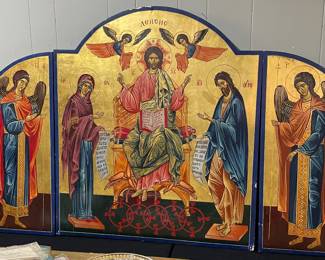 Greek & Russian Orthodox Icons Virgin Mary Immaculate Wooden Iconostasis, Triptych