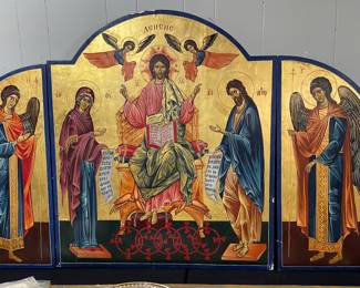 Greek & Russian Orthodox Icons Virgin Mary Immaculate Wooden Iconostasis, Triptych
