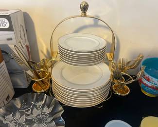 Gold Rimmed Dishes w Rack and Goldware