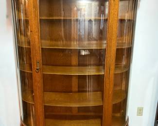 Antique American Carved Oak Curio Cabinet w/ Curved Glass Panels 