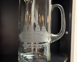Vintage Clipper Ship Etched Glass Pitcher 