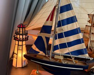 Nautical Blue Striped Pacific & Stained Glass Lighthouse Accent Lamp