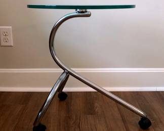 Round Glass Top Side Table with Rolling Chrome Stand