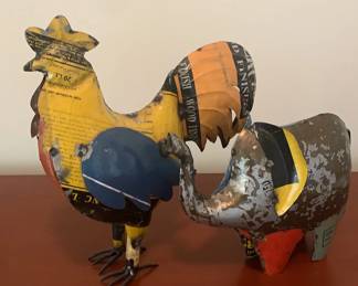 Metal Rooster and Elephant Decor