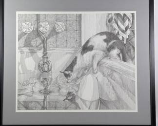 J Braucksick Cat Drinking From A Bathtub Etching