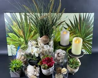Sea Shells, Faux Plants, And Canvas Art