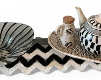 Black and White Ceramic Tea Pot, Cream and Sugar, Tray, and Glass Bowl
