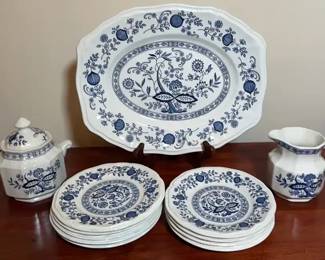 Kensington Ironstone Blue Onion Platter, Sugar, Creamer, And Dessert Plates