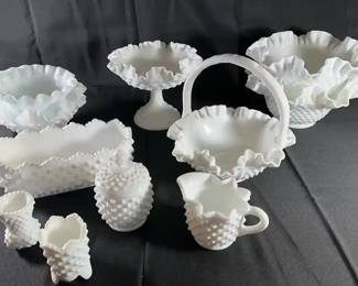 Vintage Fenton White Hibnail Ruffled Bowls, And More