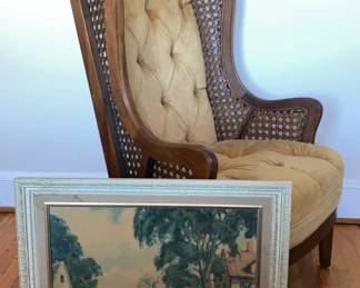 002 Vintage French Provincial Style Wingback Armchair with Cane Sides and Gold Velvet Tufted Upholstery
