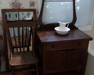 Antique Wooden Dry Sink, Alfred Meakin England Wash Bowl And Pitcher, Mirror And Chair