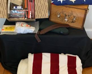 Gun Cleaning Supplies With Folded Flag, Flag Blanket, Holster, And Wooden Storage Box