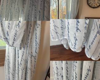 Custom-tailored sheer linen weighted Italian drapery adjustable pleats, 145”H X 118”W with elegant calligraphy cursive script print- vintage romantic style (4 panels)