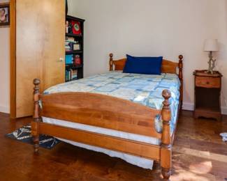 Solid wood with dovetail joints.Heirloom quality: bed frame, chest, nightstand and vanity. Includes gently used tufted full-size mattress brand Emma and box spring.