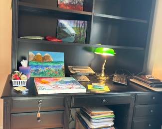 Ballard Design office desk (Verona style) with hutch and various art paintings