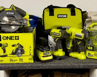 Power tools: Craftsman electric sander, Ryobi drill with bit box, saw & nail gun all with battery pack 