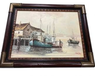 19.5 x16  Vintage MCM Harbor Painting Signed By Morley