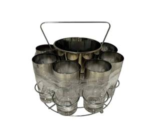 Mid Century Silver Ombre Highball Glasses, Ice Bucket, Carrier