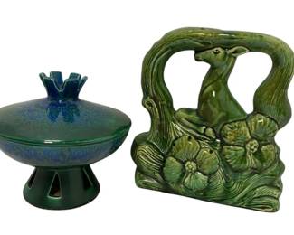 Royal Haeger 7075 Lidded Candy Dish  Green Ceramic Deer Lamp Base