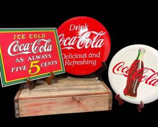 CocaCola Metal Signs And Wooden Crate