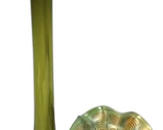 Fenton Green Carnival Glass Peacock Compoto Green  Clear Glass Candleholder 