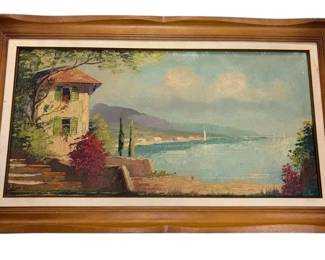 28.5 x16.5  Vintage Framed Mediterranean Painting, Signed