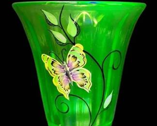 Fenton Uranium Glass Vase With Hand Painted Florals