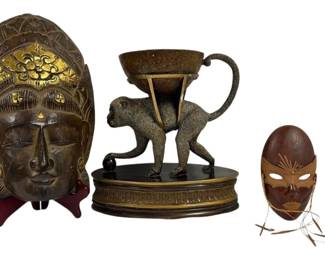 Monkey Centerpiece Bowl 2 Wood Masks 