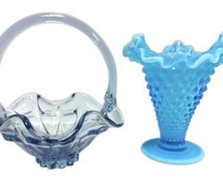 Fenton Blue Opalescent Hobnail Ruffled Vase Light Blue Basket