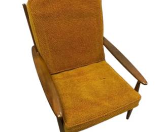 MCM Orange Toned Lounge Chair With Wooden Back And Fabric Cushions
