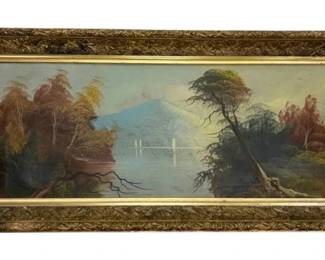 36 x17  Antique Landscape Painting In Ornate GoldToned Frame