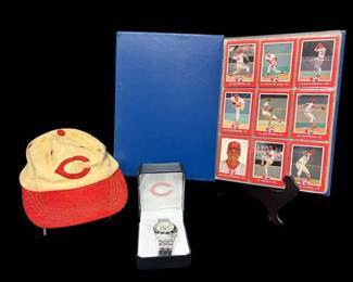 Vintage Cincinnati Reds Hat, Baseball Cards, Chicago Bears Watch