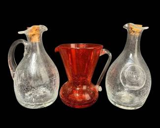 Tangerine Orange Crackle Glass Pitcher Clear Crackle Glass Oil  Vinegar Set