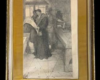 18 x22  Caxton At His Press Etching By Howard Pyle, Signed  Numbered