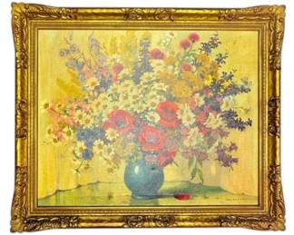 Framed Oil Still Life Painting of Flower Bouquet - Signed by Grabwinkler (36” x 30”)