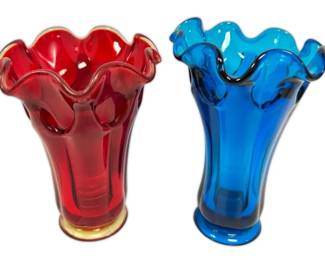 Red Amberina Blue Swung Glass Vases