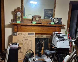 Italian baroque Mirror, antiqueclocks, beveled glass fire place screen- never used, Trek bike, Polk speakers, HP printer