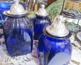 Vintage Ribbed Cobalt Blue Canisters