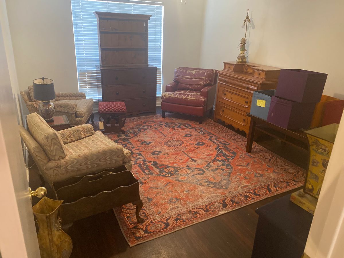 8 x 10 washable rug, magazine holder, pine dresser, PB train table, mahogany footstool, pair of chairs, solid wood dresser.