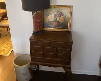 Antique Silver Chest, Framed art, #6 crock, lamp