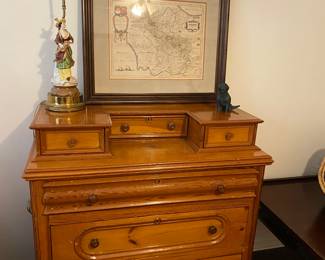 Pine dresser with 6 drawers. Antique Map and Lamp.