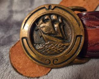 Vintage 'Glory of the Seas'  Guild Brass Belt Buckle with belt by Tech Ether