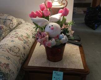 End table
Easter arrangement 
Lamp
Remotes
