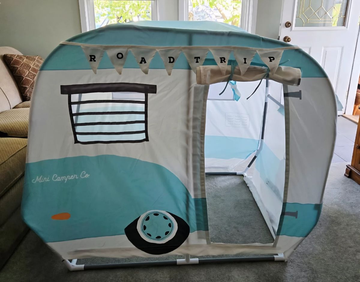 Camper playhouse, cool retro styling. Comes with campfire and camp stove playsets (see next photo and last picture in gallery.) Gently used.