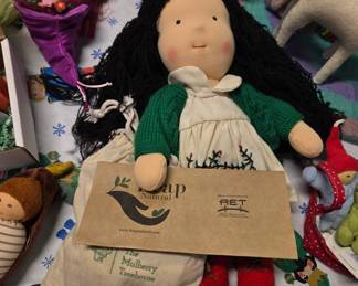 Handmade Waldorf style doll by Leap Natural of Turkey. Comes with extra outfits and a letter telling the story of the Syrian war refugee women who make these dolls in a special workshop. Brand new. 