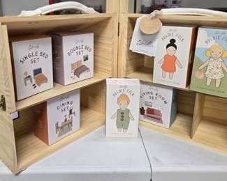 Fold up wooden dollhouse by Olli Ella, complete with furniture and dolls. Brand new and unused, with tags. 